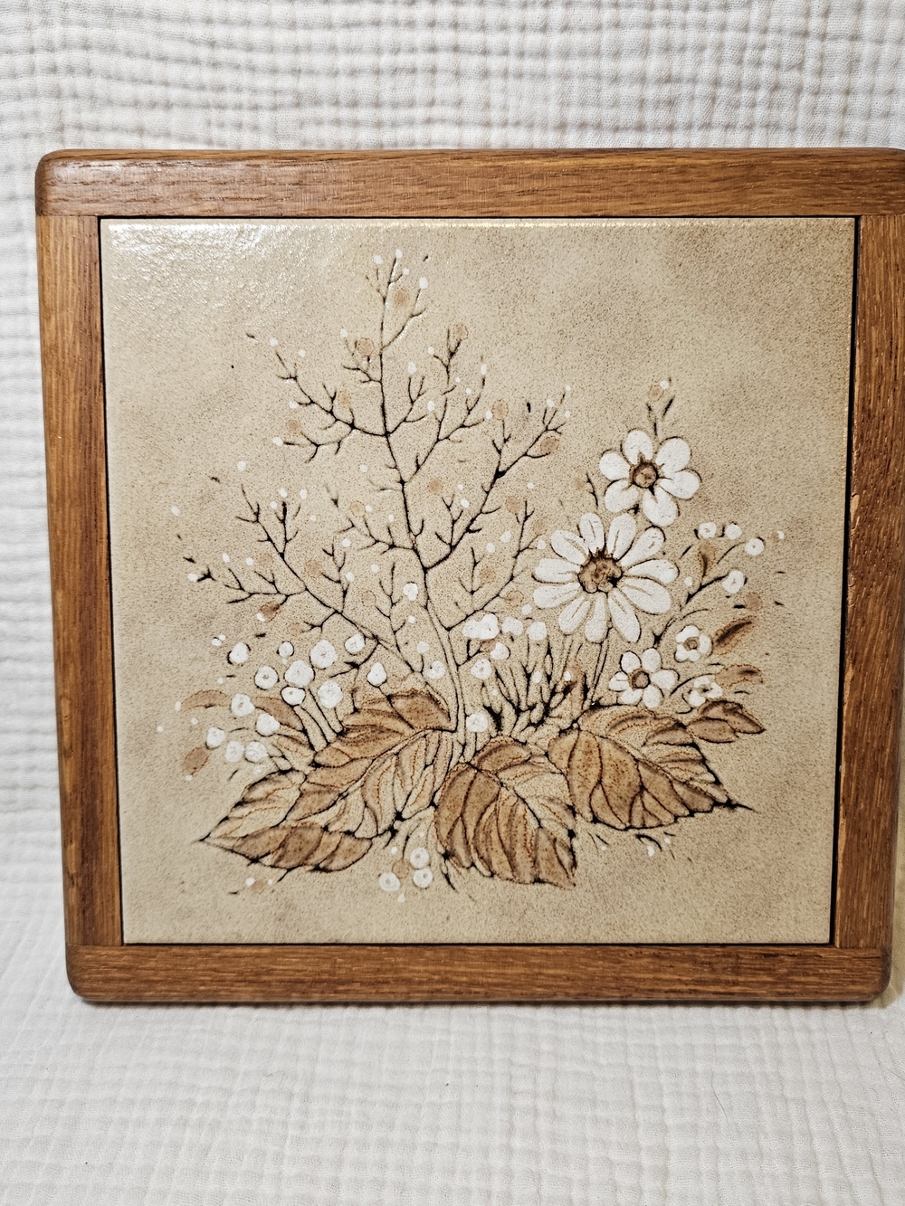 Vintage Oak Framed With Tile Floral Trivet -  Italy 10in